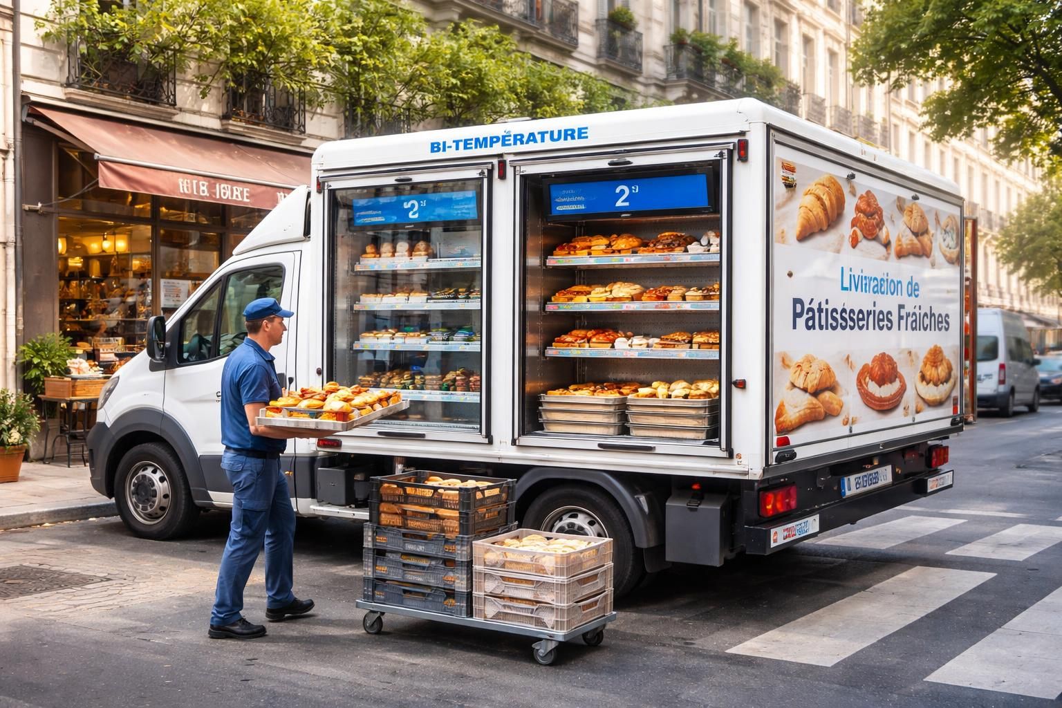 profitez de la livraison rapide de pâtisseries fraîches grâce à nos véhicules réfrigérés et coursiers gourmands express, pour une douceur toujours parfaite à votre porte.