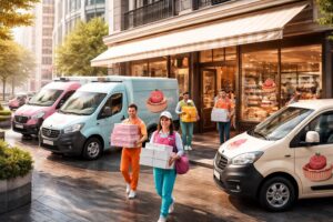 profitez de la livraison rapide de pâtisseries fraîches grâce à nos véhicules réfrigérés et coursiers gourmands express, pour savourer des douceurs artisanales à tout moment.